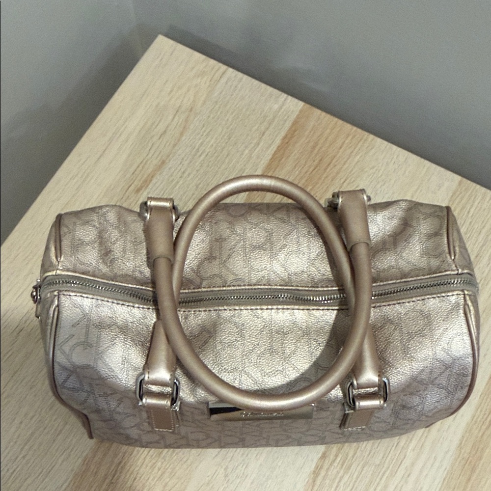 Calvin Klein Metallic Taupe Leather Satchel with Shoulder Strap/ Excellent - Picture 6 of 16
